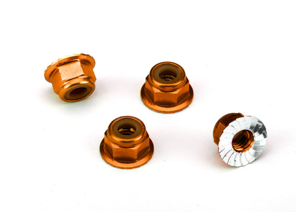 1747T Nuts, aluminum, flanged, serrated (4mm) (orange-anodized) (4)