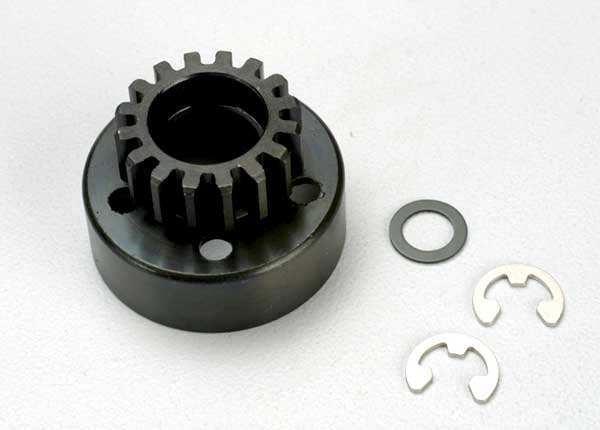 5215 Clutch bell (15-tooth)/5x8x0.5mm fiber washer (2)/ 5mm e-clip (requires 5x11x4mm ball bearings part #4611) (1.0 metric pitch)