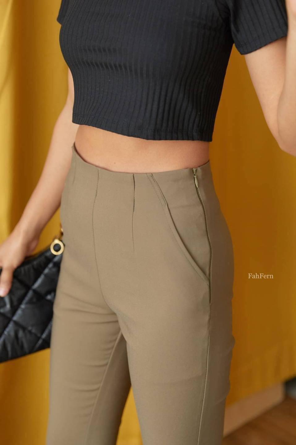 กางเกงขายาวผู้หญิงเอวสูง 7 ส่วน ซิปข้าง ขอบเอวหลบ ผ้าดับเบิ้ลซาติน ยืด หนา นิ่ม น่ารัก