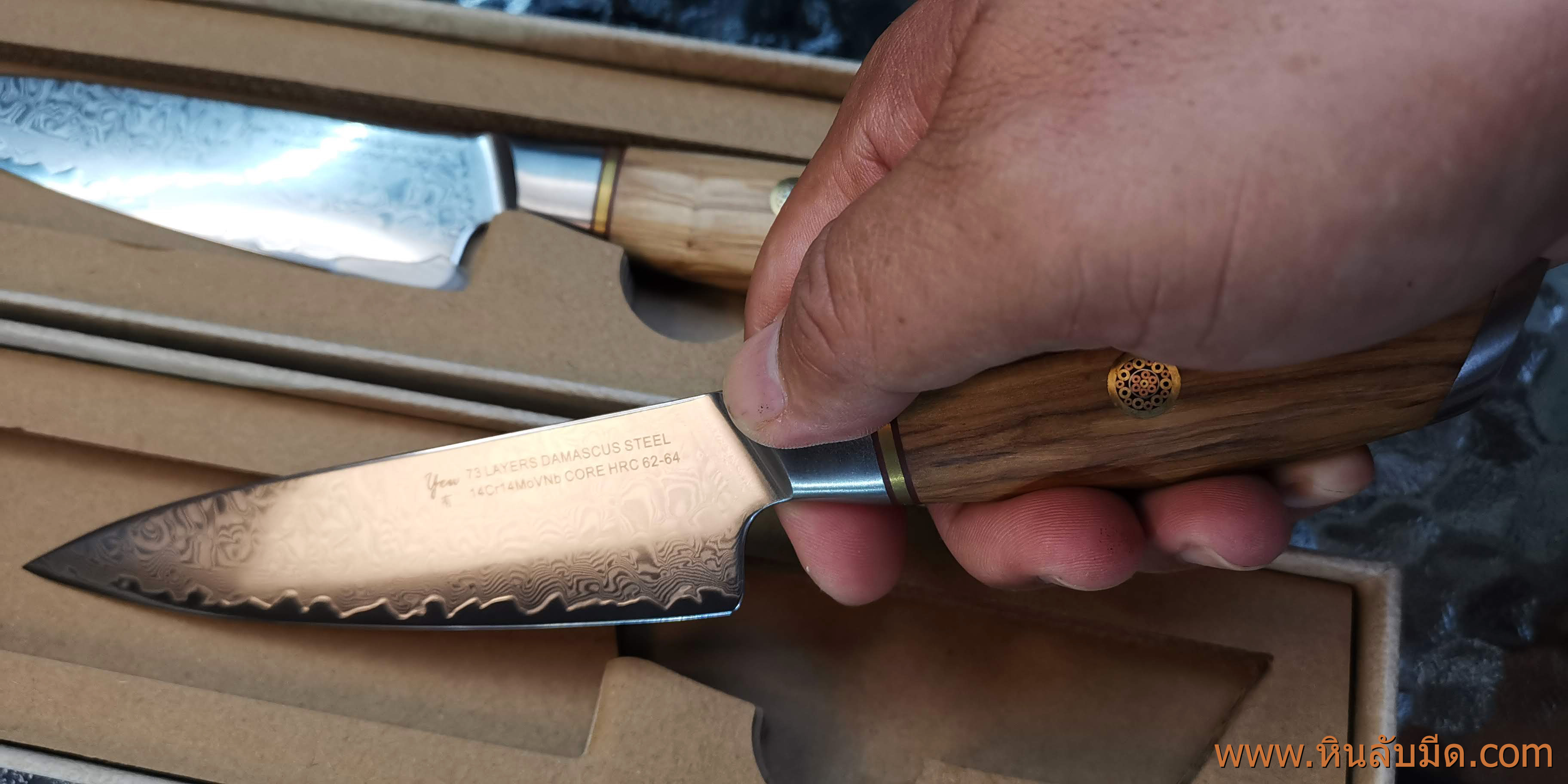 Yew Damascus Utility knife 5.2 นิ้วแกนคม 14cr14MoVNb แข็ง 64 hrc