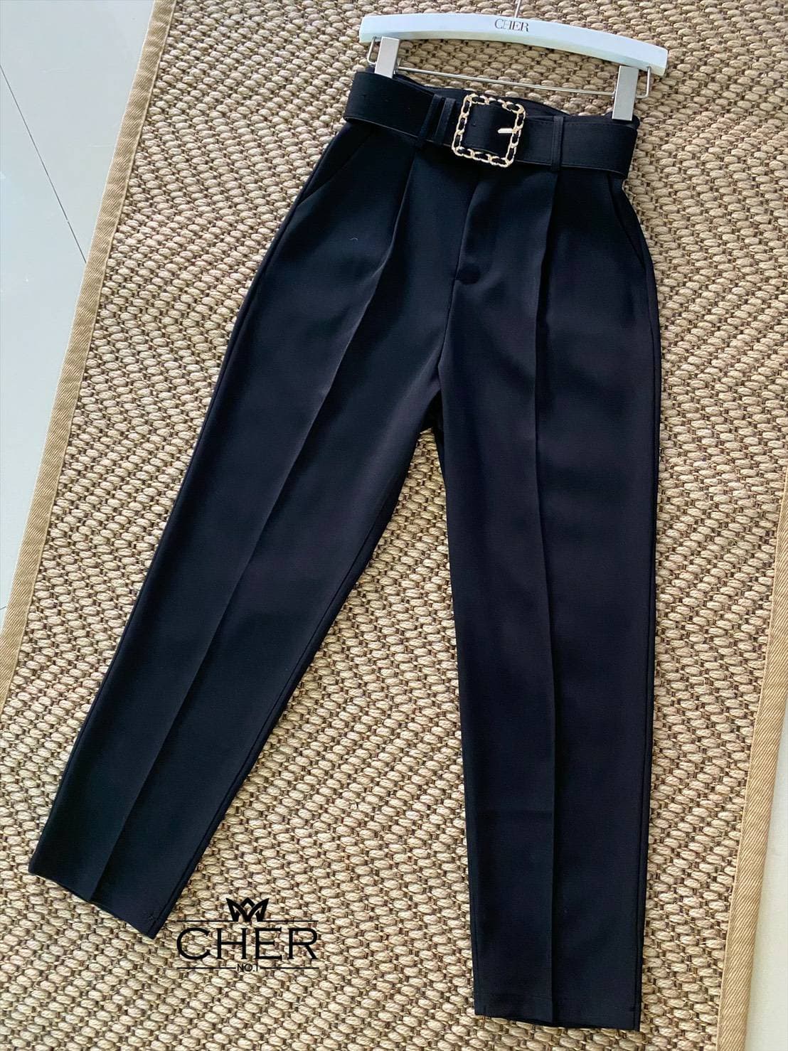 กางเกงขายาวผู้หญิงเอวสูง แต่งเข็มขัด ผ้ายืด หนา นิ่ม สวยน่ารัก