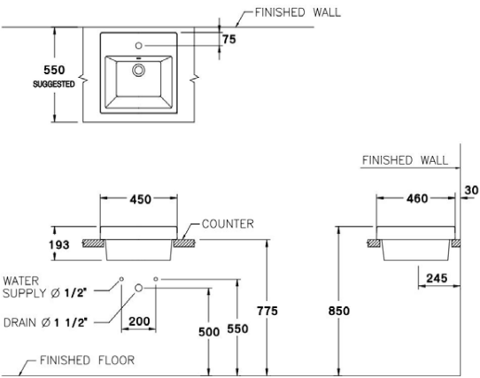 COTTO C0901 อ่างล้างหน้า แบบวางบนเคาน์เตอร์ รุ่น QUADO 45