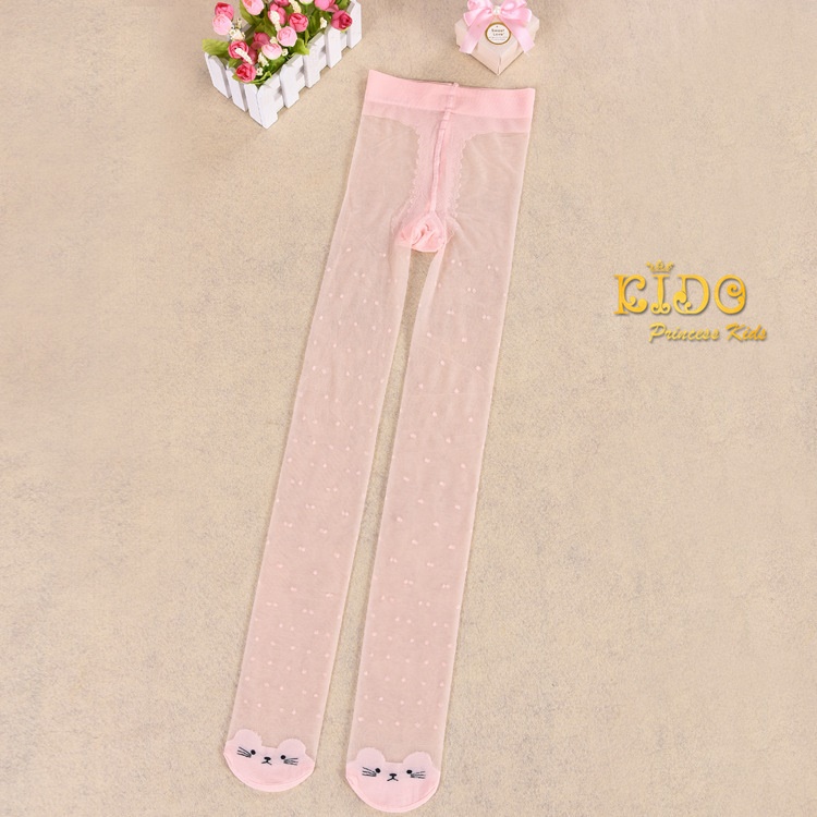 ถุงน่องเด็ก(มีหน้าร้านอยู่รัชดา)L058สีชมพู ซีทรูที่เท้าลายหน้าแมว ด้านบนมีจุด