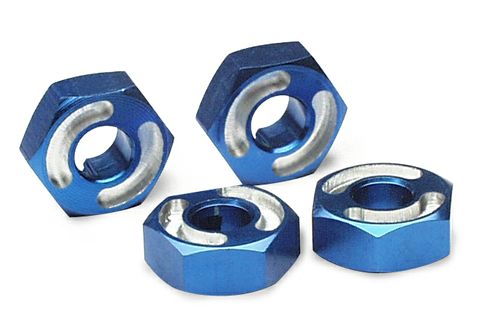 4954X Wheel hubs, hex, 6061-T6 aluminum (blue) (4)/ axle pins (2.5x10mm) (4)