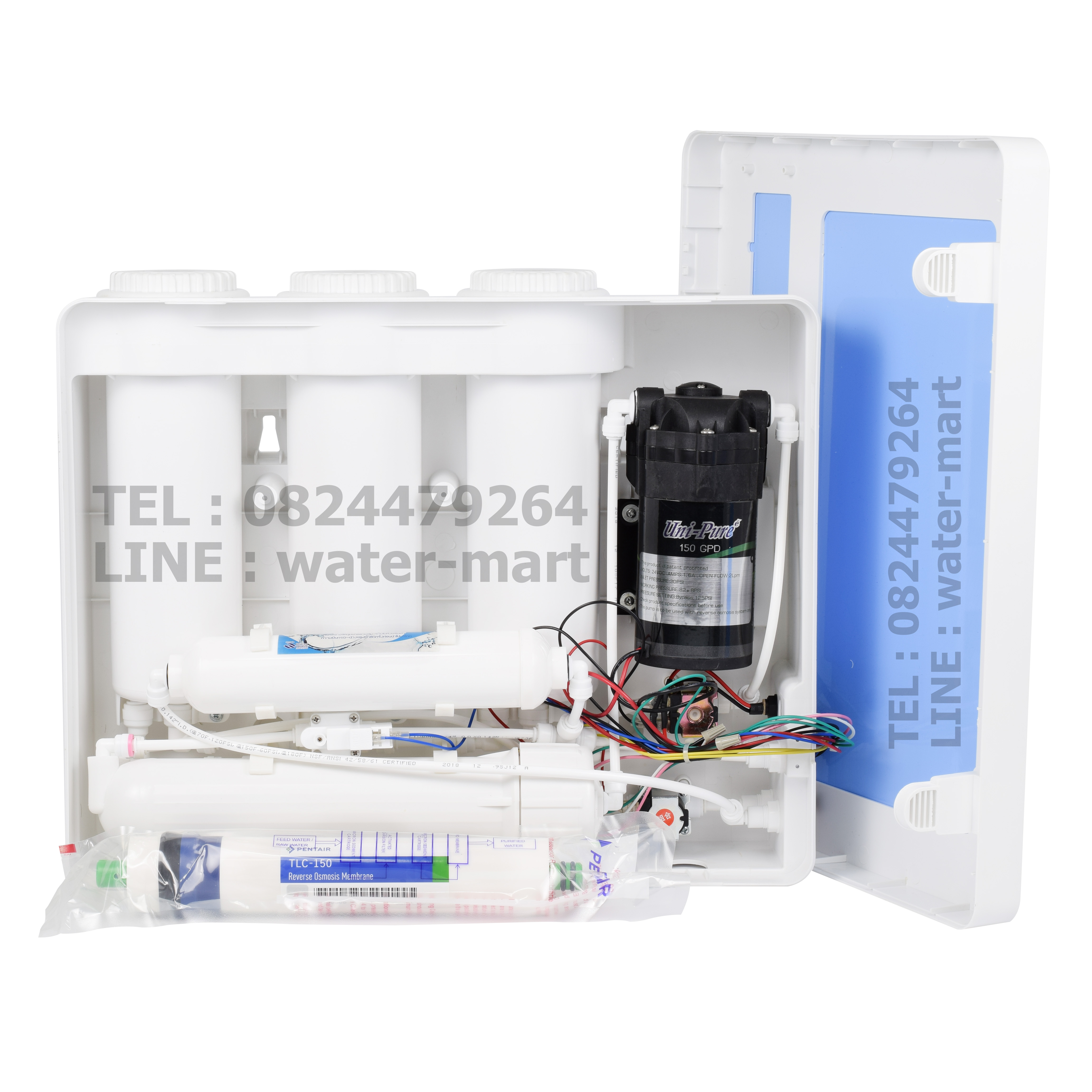 เครื่องกรองน้ำ Uni pure ระบบ RO 150 GPD รุ่นกล่องสีฟ้า ผลิตน้ำ 600 ลิตรต่อวัน