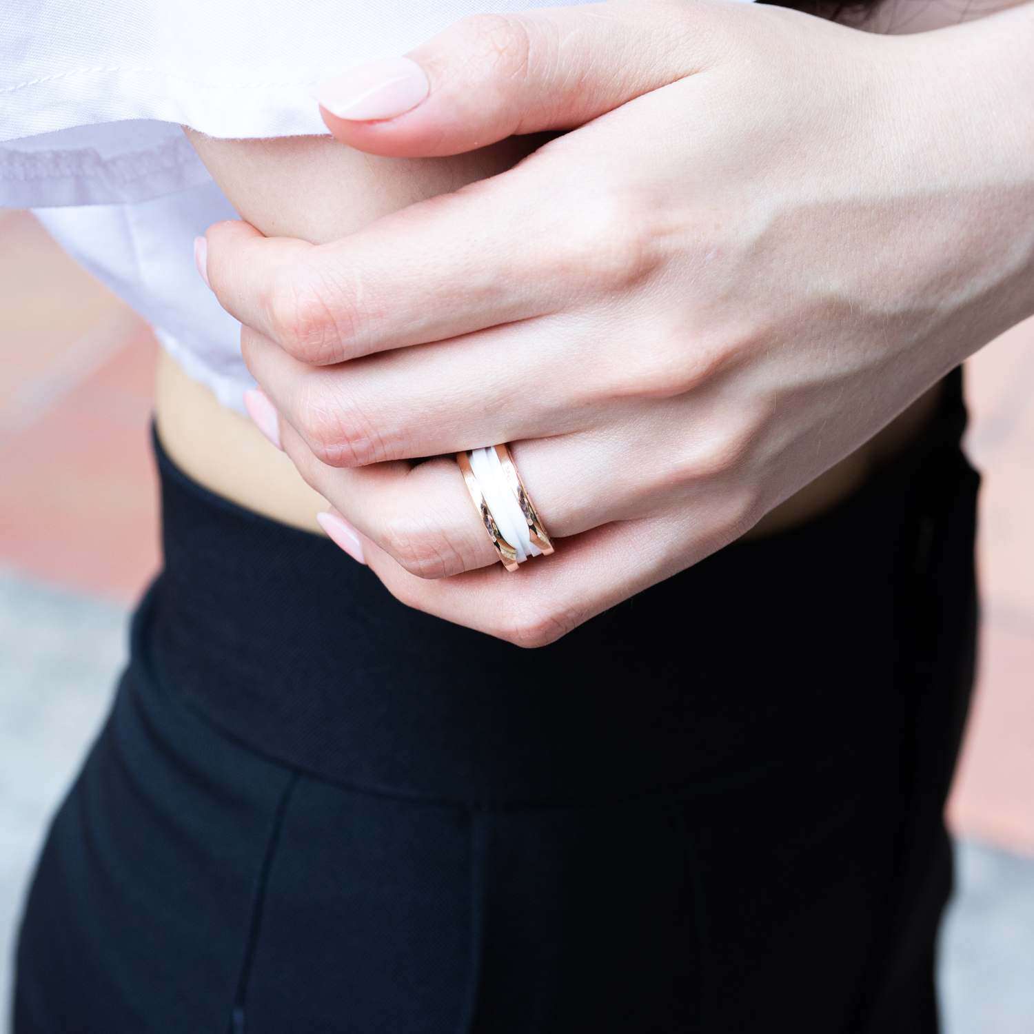 แหวน Bvlgari B.zero1 2band White ceramic Spiral ทองชมพู18K ไซส์ 48# (Used)