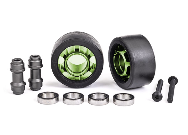 7775G Wheels, wheelie bar, 6061-T6 aluminum (green-anodized) (2)/ axle, wheelie bar, 6061-T6 aluminum (2)/ 10x15x4 ball bearings (4)