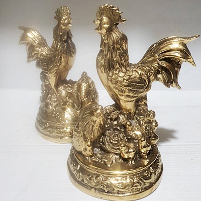ไก่เรียกทรัพย์คู่ เนื้อทองเหลืองขัดเงา ความสูง 5 นิ้ว
