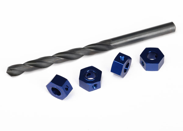 6869 Wheel adaptors, 12mm hex, 6061-T6 aluminum (blue-anodized) (4)/ screw pins (4)/ drill bit, 0.25 inch (for 6mm shafts) (requires #6451 (x2), #6452 (x2), #6439, #6455, #5117 (x3))