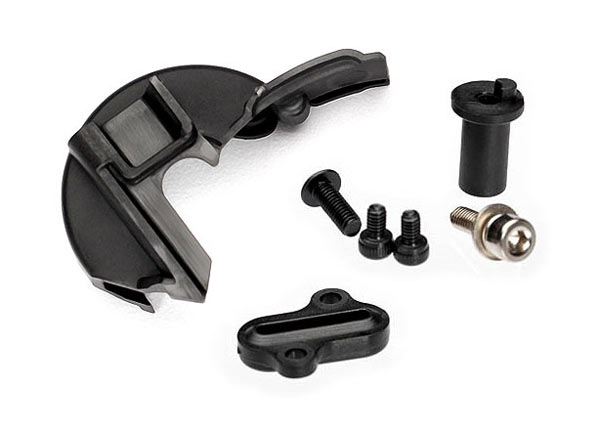 7077R Cover, gear/ motor mount hinge post/ 3x10mm CS with split and flat washers (1)/ 3x8mm BCS (1)