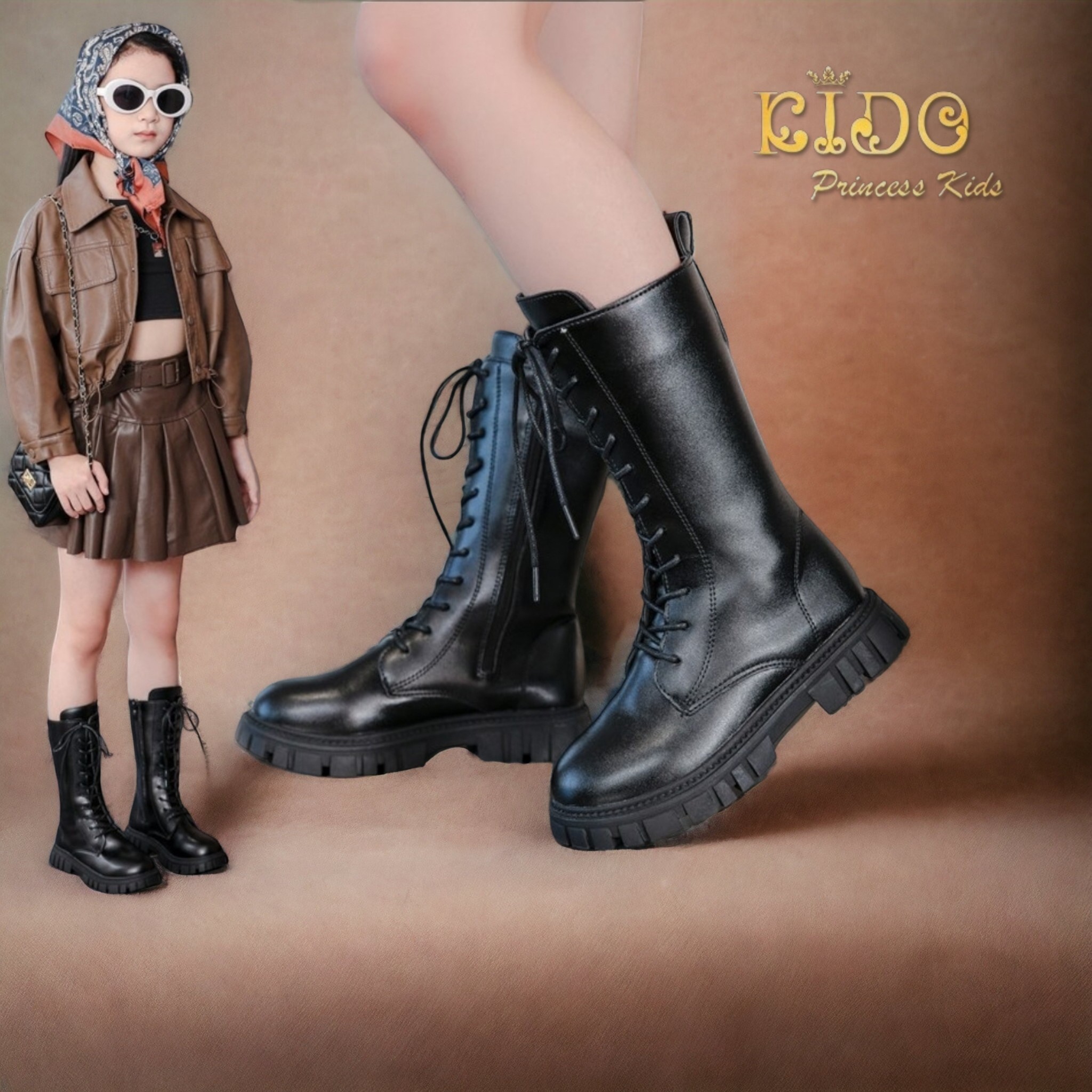 บูทเด็ก(หน้าร้านอยู่รัชดา ลองได้)H132 สีดำ ด้านหน้าร้อยเชือกสูง แบบเท่ๆ