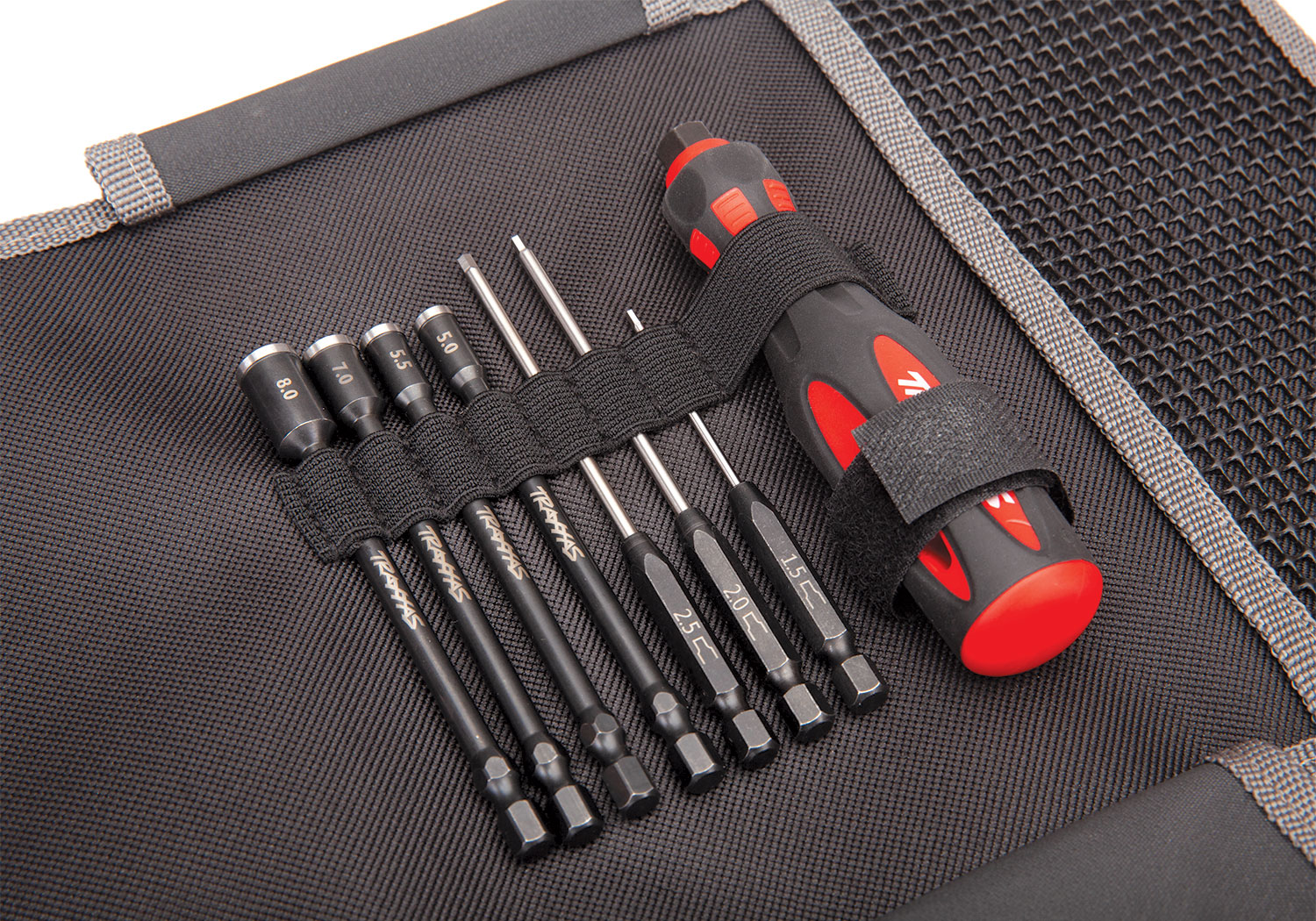 8712 Speed Bit Essentials Set, hex and nut driver, 7-piece, includes premium handle (medium), travel pouch, hex drivers (straight: 1.5mm, 2.0mm, 2.5mm) and nut drivers (5.0mm, 5.5mm, 7.0mm, and 8.0mm), 1/4” drive