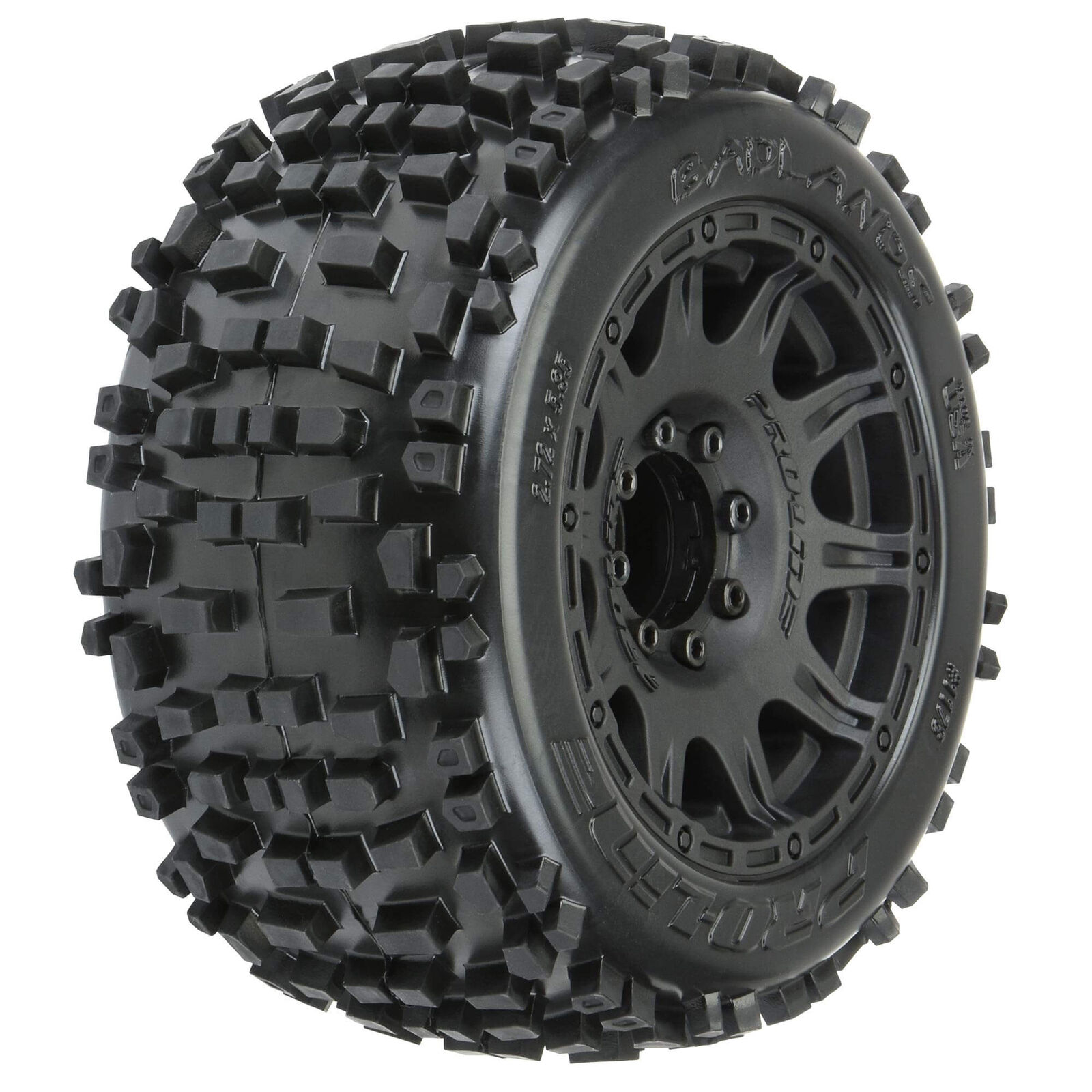 PRO117810 1/8 Badlands F/R 3.8" MT Tires Mounted 17mm Blk Raid (2)