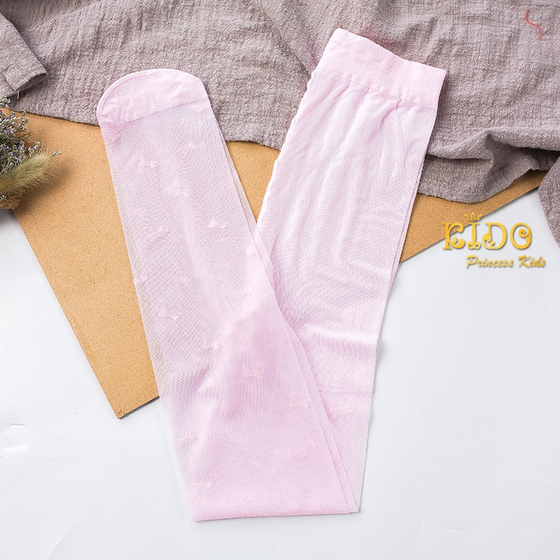 ถุงน่องเด็ก(หน้าร้านอยู่รัชดา)L068 สีชมพู เนื้อผ้าซีทรูตัวลายโบว์สี