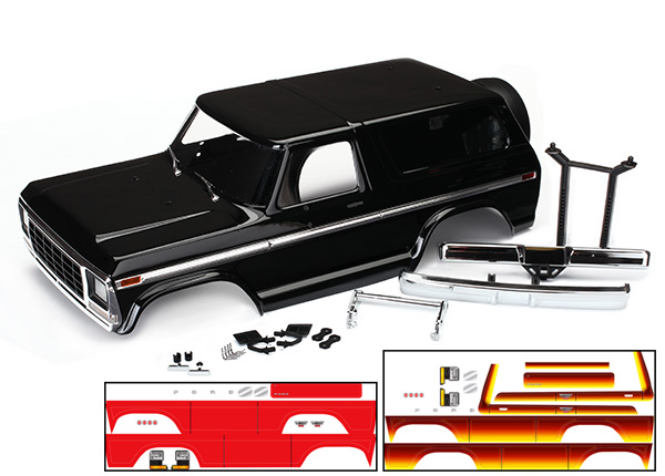 8010X Body, Ford Bronco, complete (black) (includes front and rear bumpers, push bar, rear body mount, grill, side mirrors, door handles, windshield wipers, spare tire mount, red and sunset decals) (requires #8072 inner fenders)