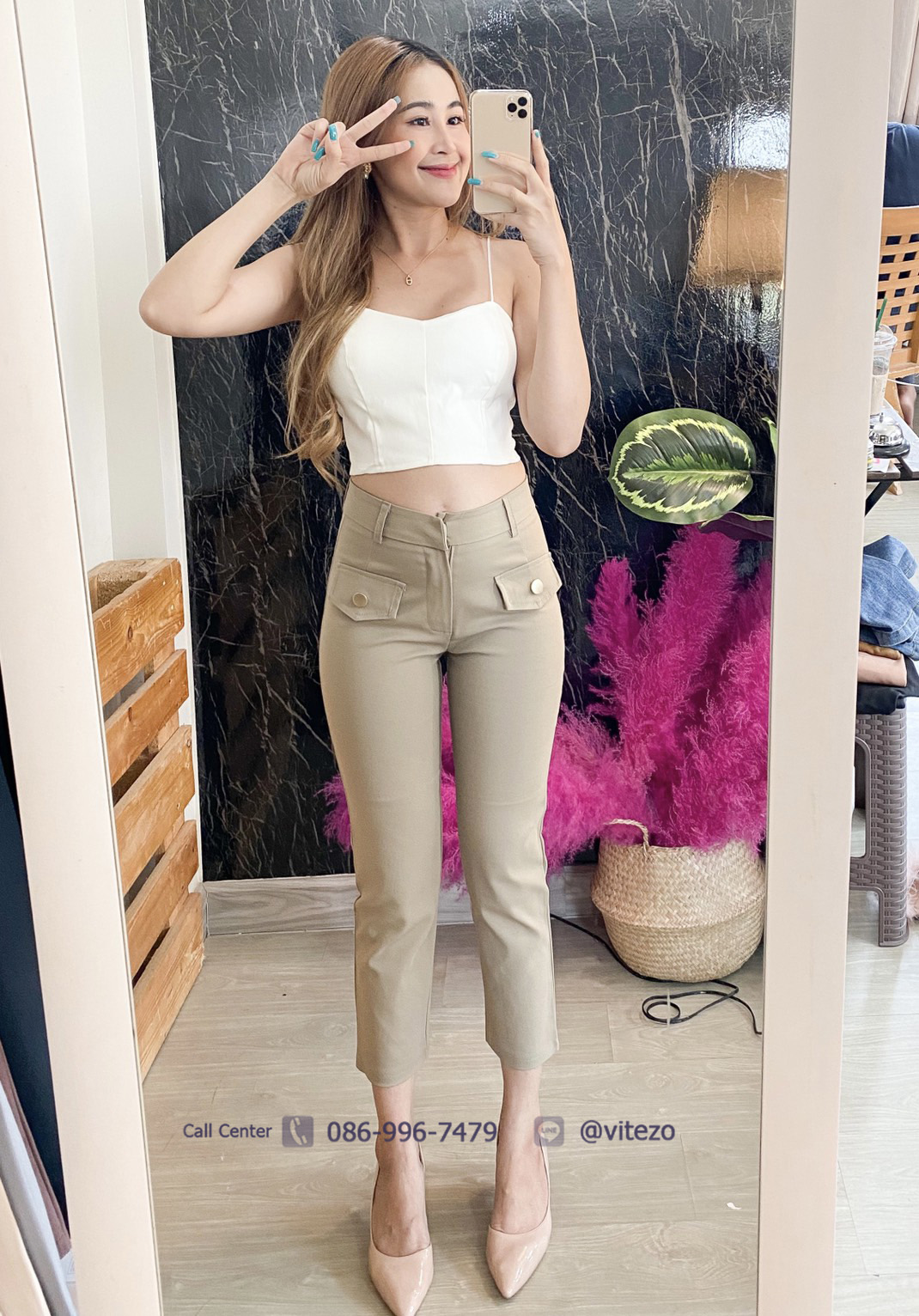 กางเกงขายาว รุ่นแต่งกระเป๋าแปะหน้า มีกระดุมทองสวยเก๋ตกแต่ง ผ้าดับเบิ้ล หนา นุ่ม ยืด ใส่สบาย