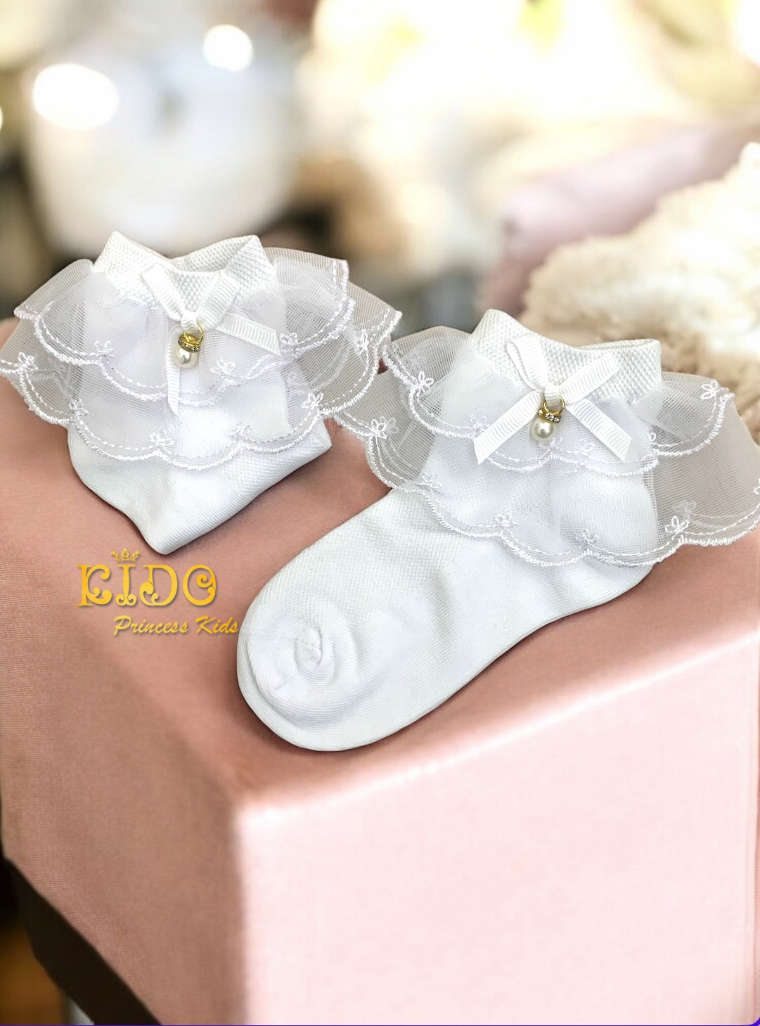 ถุงเท้าเด็ก(มีหน้าร้านอยู่รัชดา)S332 สีขาว ข้อเท้าลายลูกไม้ระบาย2ชั้น