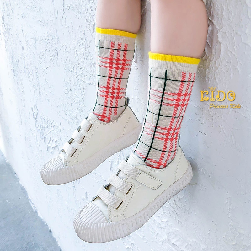 ถุงเท้าเด็ก(มีหน้าร้านอยู่รัชดา)M045 ถุงเท้าเด็กยาว ลายสก็อต สีชมพู