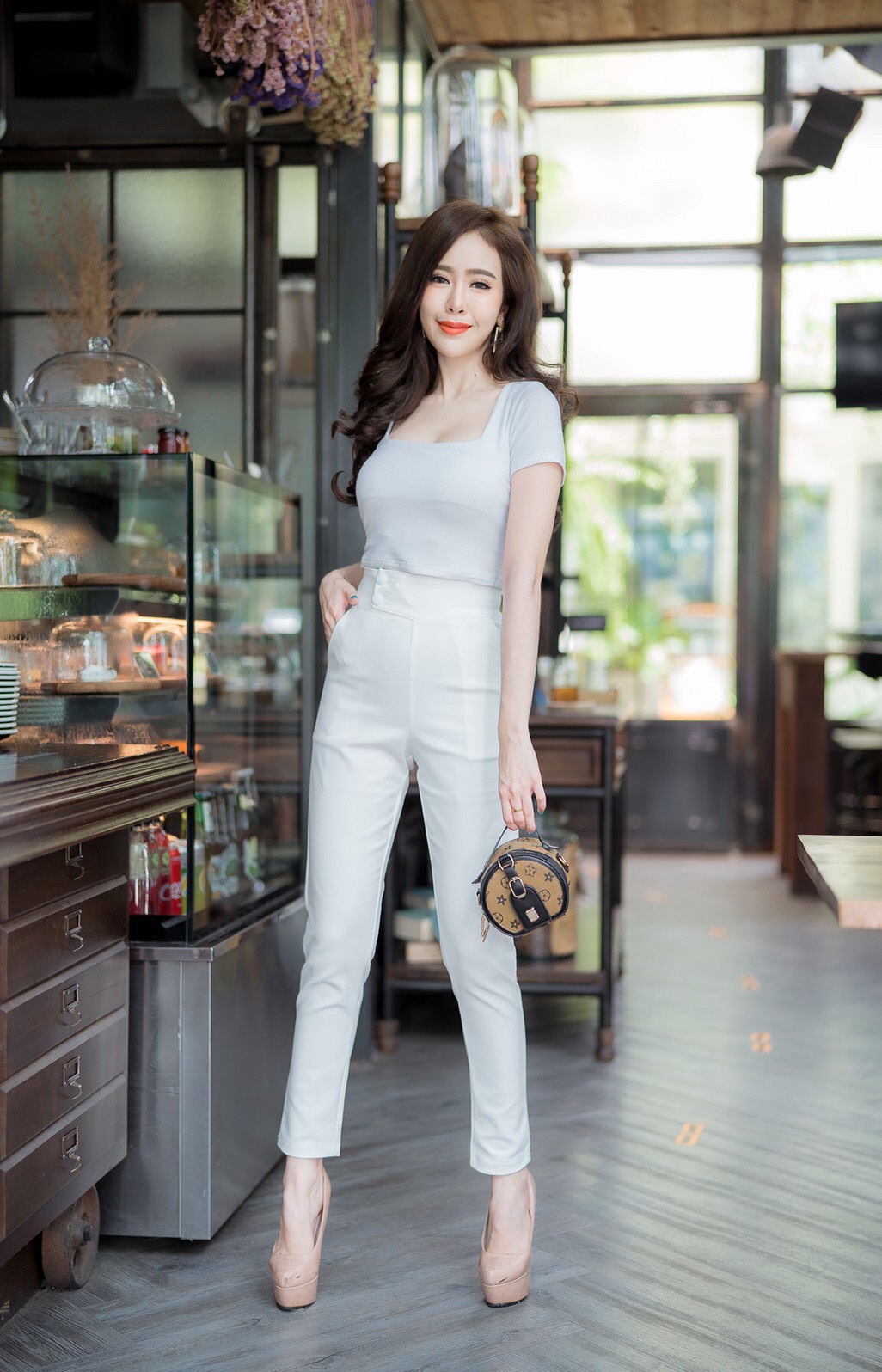 กางเกงขายาวผู้หญิงเอวสูง 2 กระดุมป้ายข้าง ขอบเอว 3 นิ้ว ซิปข้าง ผ้าดับเบิ้ลซาติน ยืด น่ารัก