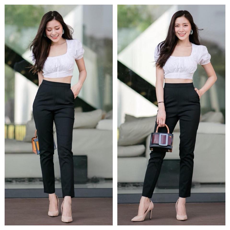 กางเกงขายาวผู้หญิงเอวสูง 9 ส่วน ซิปข้าง ผ้าดับโรเชฟ ยืด หนา นิ่ม น่ารัก ไม่ต้องรีด