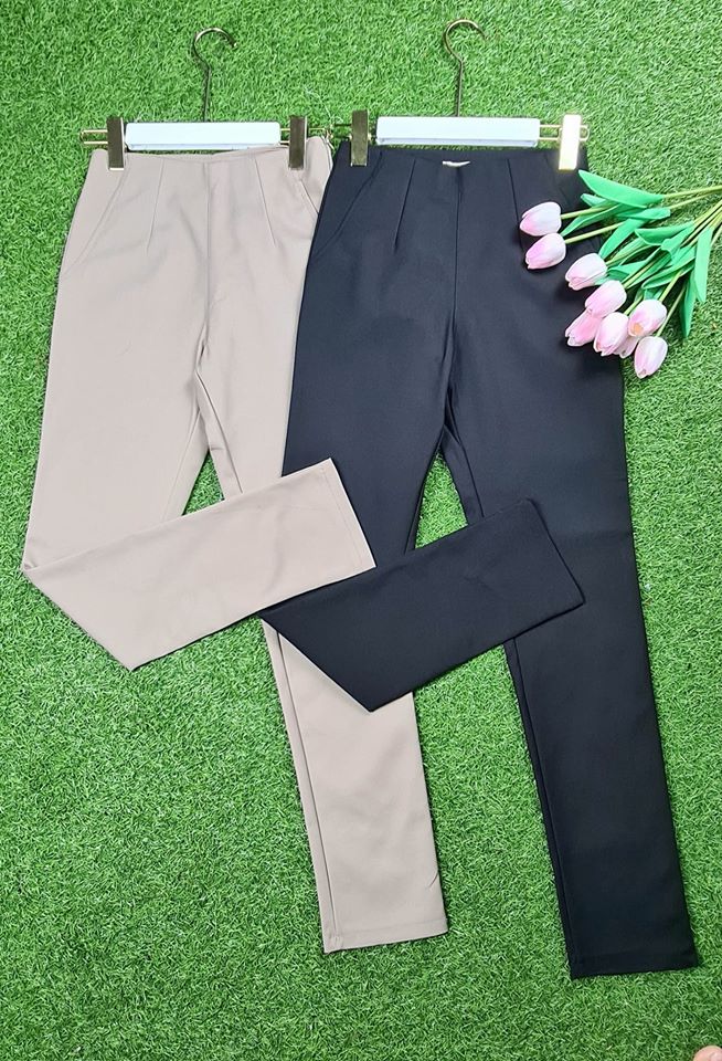 กางเกงขายาวผู้หญิงเอวสูง 9 ส่วน ซิปข้าง ขอบหลบ ผ้าดับเบิ้ลซาติน ยืด หนา นิ่ม น่ารัก สำเนา