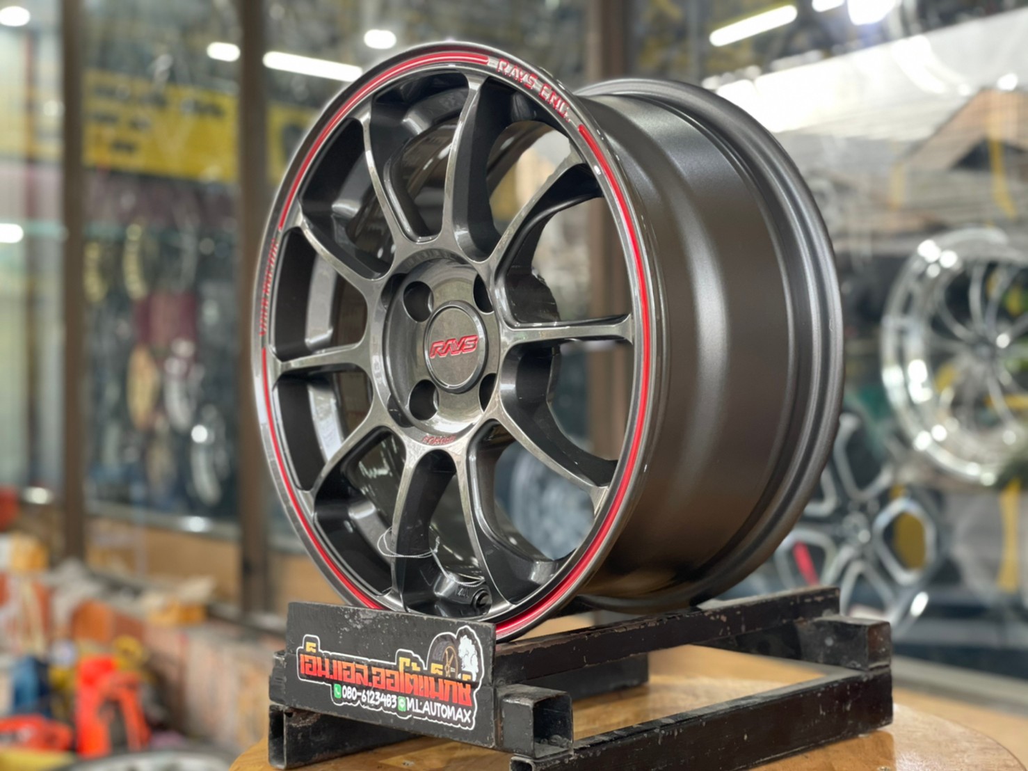 ล้อแม็กซ์ขอบ15 Brightwheels ลายZE40 BW40 ขอบ15 กว้าง7 ออฟ35 4รู100 สีเทากันเส้นขอบแดง(F-MD Full ED Red)