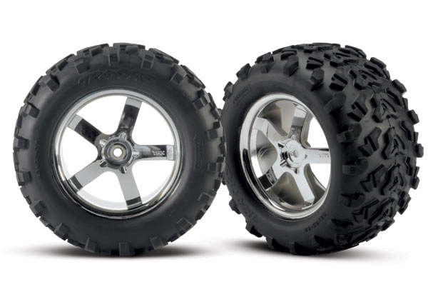 4973R Tires & wheels, assembled, glued (Hurricane chrome wheels, Maxx tires (6.3" outer diameter), foam inserts) (2) (fits Revo/Maxx series)