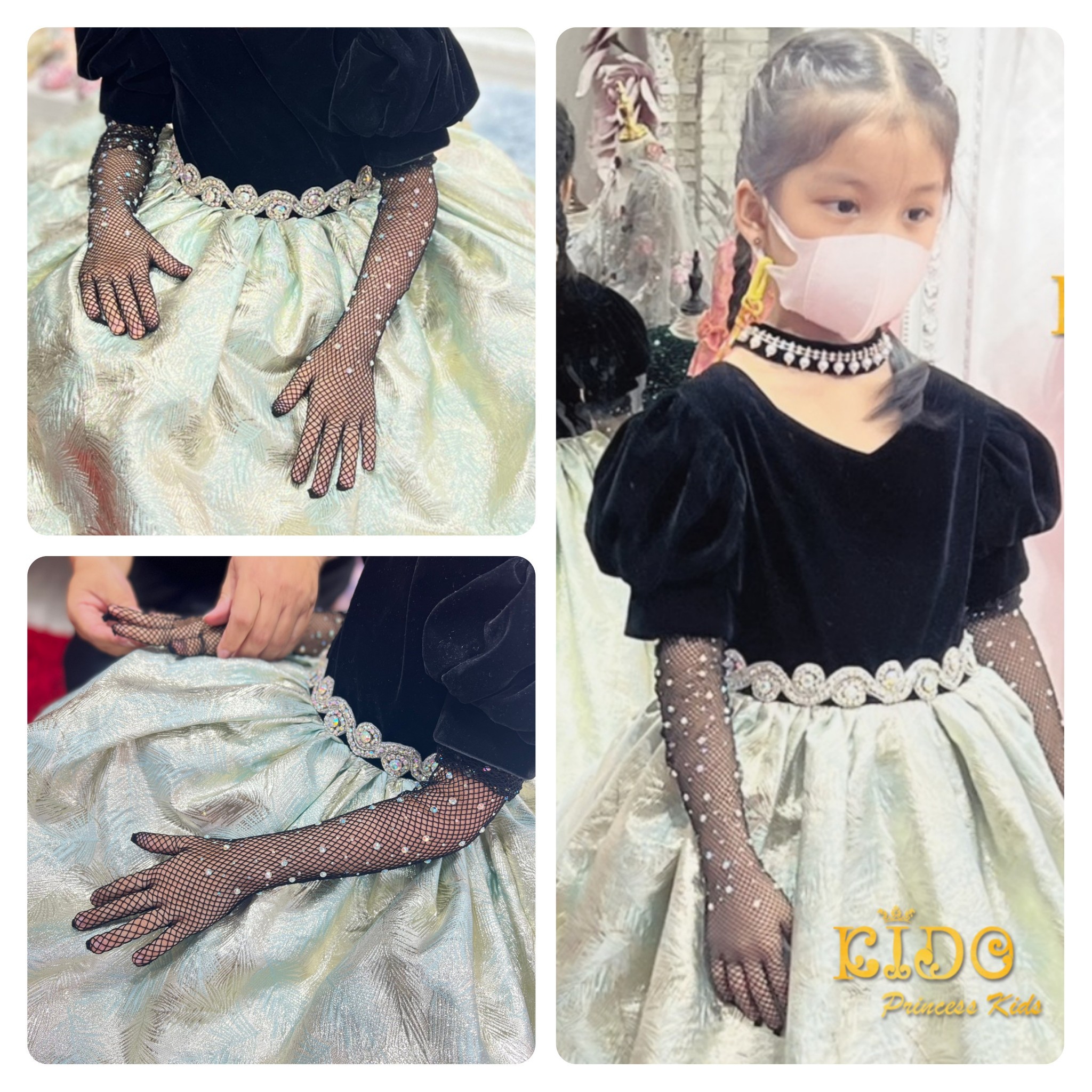ถุงมือเด็ก(มีหน้าร้านอยู่รัชดา)GL18 สีดำ ถุงมือตาข่ายเพชรยาวสวยหรูมาก