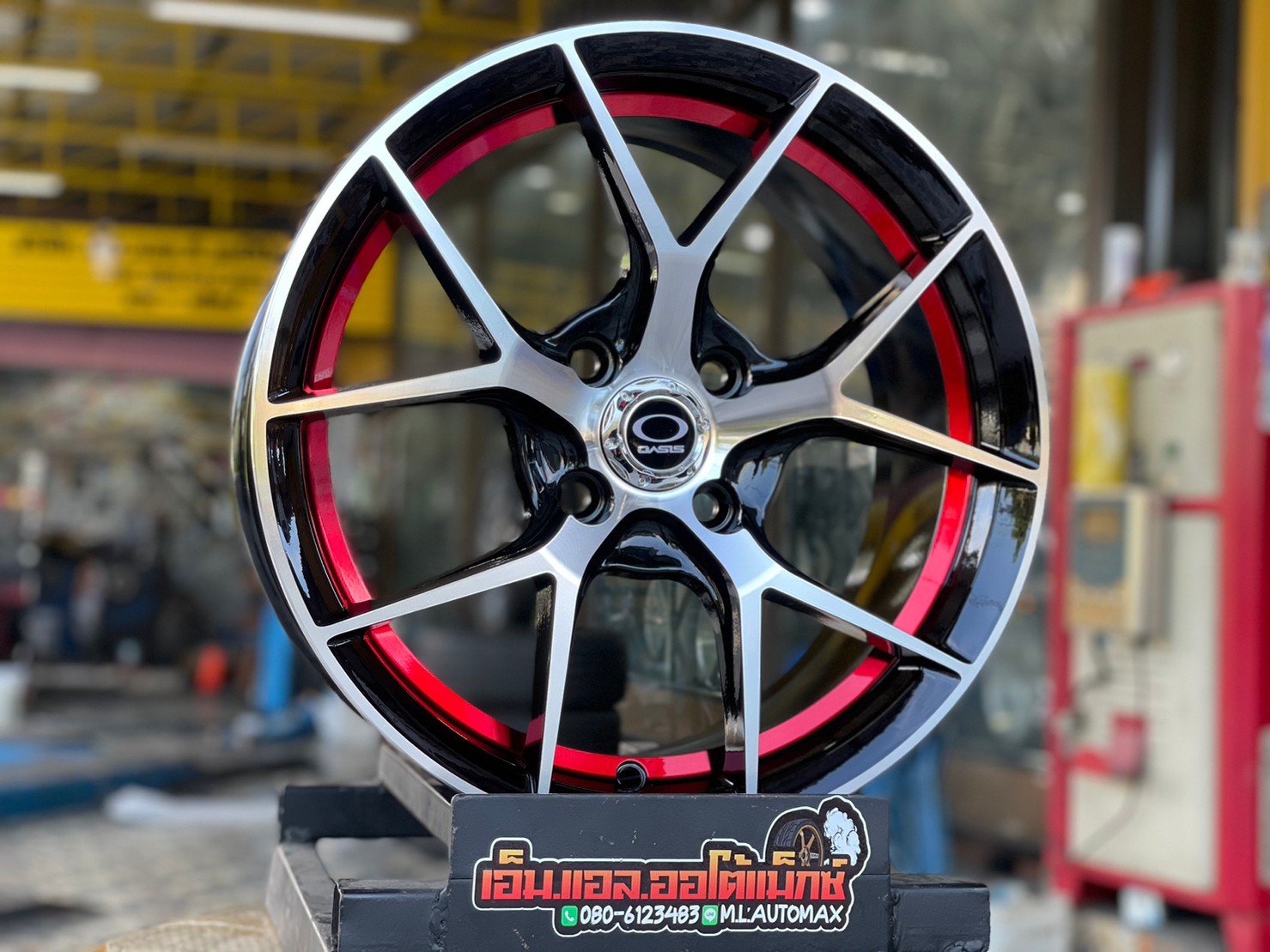 ล้อแม็กซ์ใหม่ขอบ15 OASIS Model Delta5 15x7 4x100 ET35 สีดำอันเดอร์คัตแดงหน้าเงา