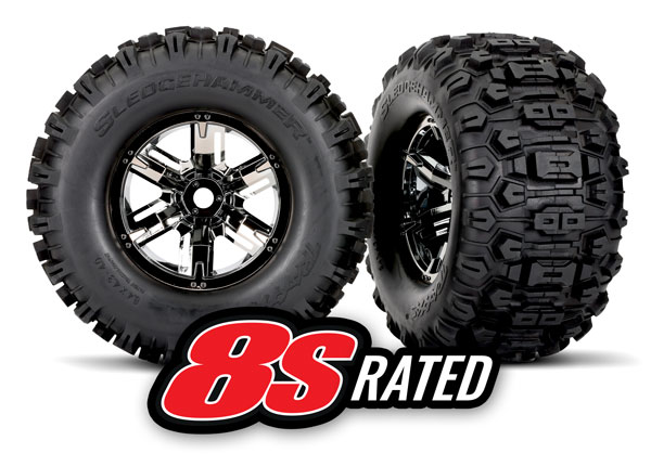 7774A Tires & wheels, assembled, glued (X-Maxx® black chrome wheels, Sledgehammer® tires, foam inserts) (left & right) (2)
