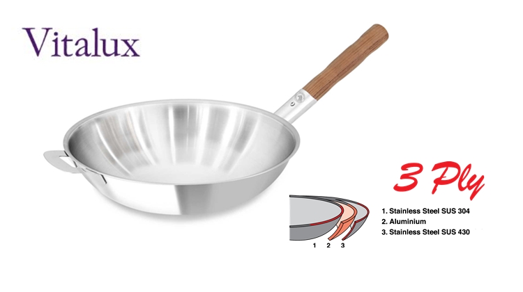 176392 กระทะจีน Vitalux 3 ชั้น 34 ซม. ด้ามไม้สัก ตราหัวม้าลาย