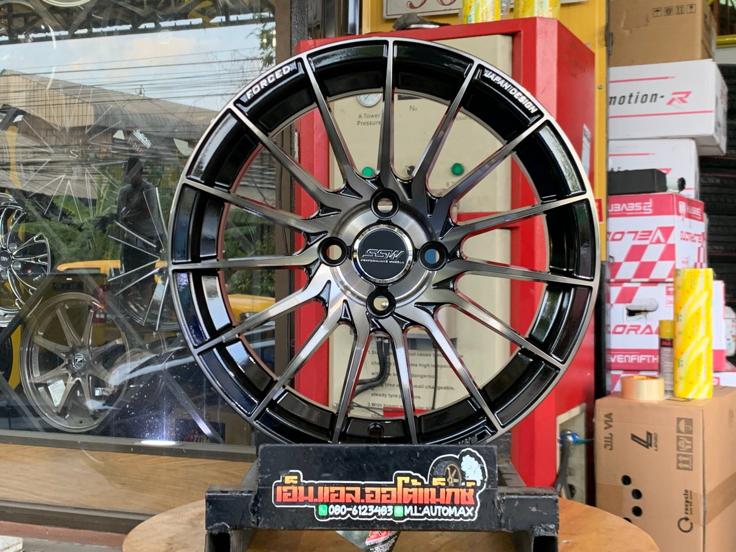 ล้อแม็กขอบ15 Model 355งานไทย SSW 4รู100 กว้าง7 ออฟ38 สีดำขอบหน้าชา