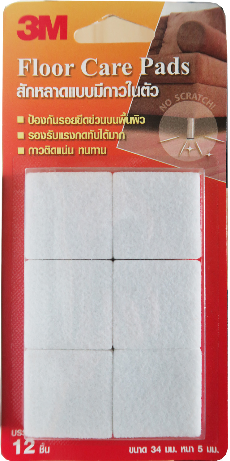 3M® Floor Care Square White 34MM (12 PCS/CARD) 3เอ็ม® สักหลาดรองขาโต๊ะ แบบมีกาวในตัว ขนาด 34 มม. สีขาว (สี่เหลี่ยม)