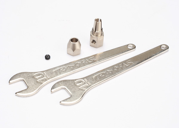5761 Motor coupler, collet style/ GS 4x3 SS (with threadlock) (1)/ wrench, 10mm (2)