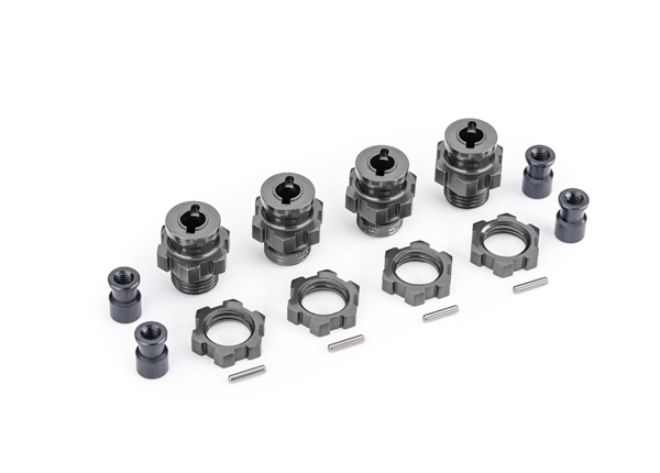 9086-GRAY Wheel hubs, splined, 17mm, short (gray-anodized) (4)/ wheel nuts, splined, 17mm (gray-anodized) (4)/ hub retainer M4 X 0.7 (4)/ axle pin (4) (for use with #9080 upgrade kit)