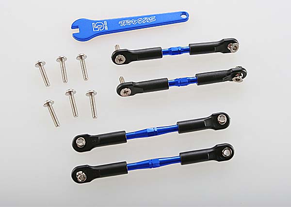 3741A Turnbuckles, aluminum (blue-anodized), camber links, front, 39mm (2), rear, 49mm (2) (assembled w/rod ends & hollow balls)/ wrench