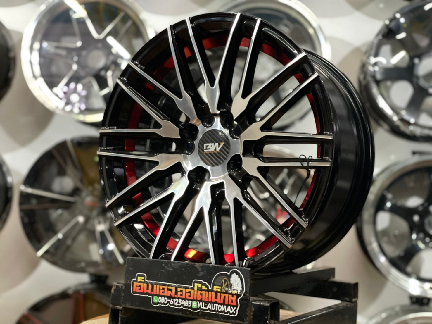 ล้อแม็กซ์ขอบ15 Brightwheels BW-56 ขอบ15 กว้าง7 ออฟ35 4รู100 สีดำหน้าเงาอันเดอร์คัตแดง(FP/B ED UN RED)
