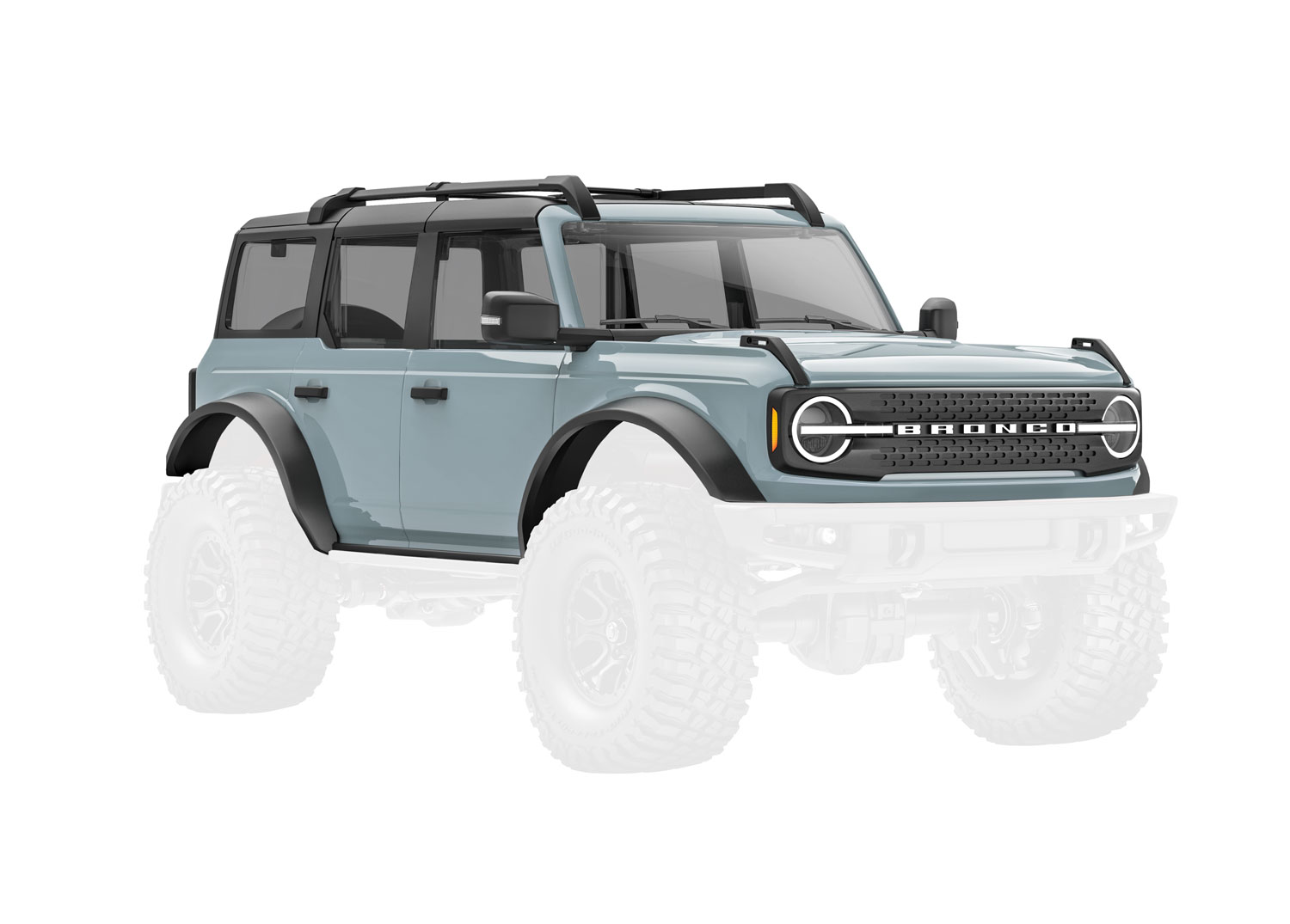 9711-GRAY Body, Ford Bronco, complete, Cactus Gray (includes grille, side mirrors, door handles, fender flares, windshield wipers, spare tire mount, & clipless mounting) (requires #9735 front & rear bumpers)
