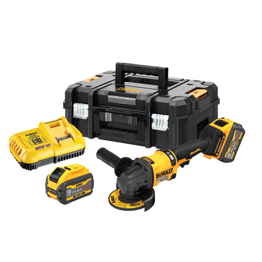 ชุดเครื่องเจียรไร้สาย ขนาด 4" 60V Max พร้อมแบตเตอรี่ Flexvolt 9.0Ah (2 ก้อน) กล่อง TSTAK No.DCG418X2-B1 DEWALT (รวมแบตเตอรี่และแท่นชาร์จ)