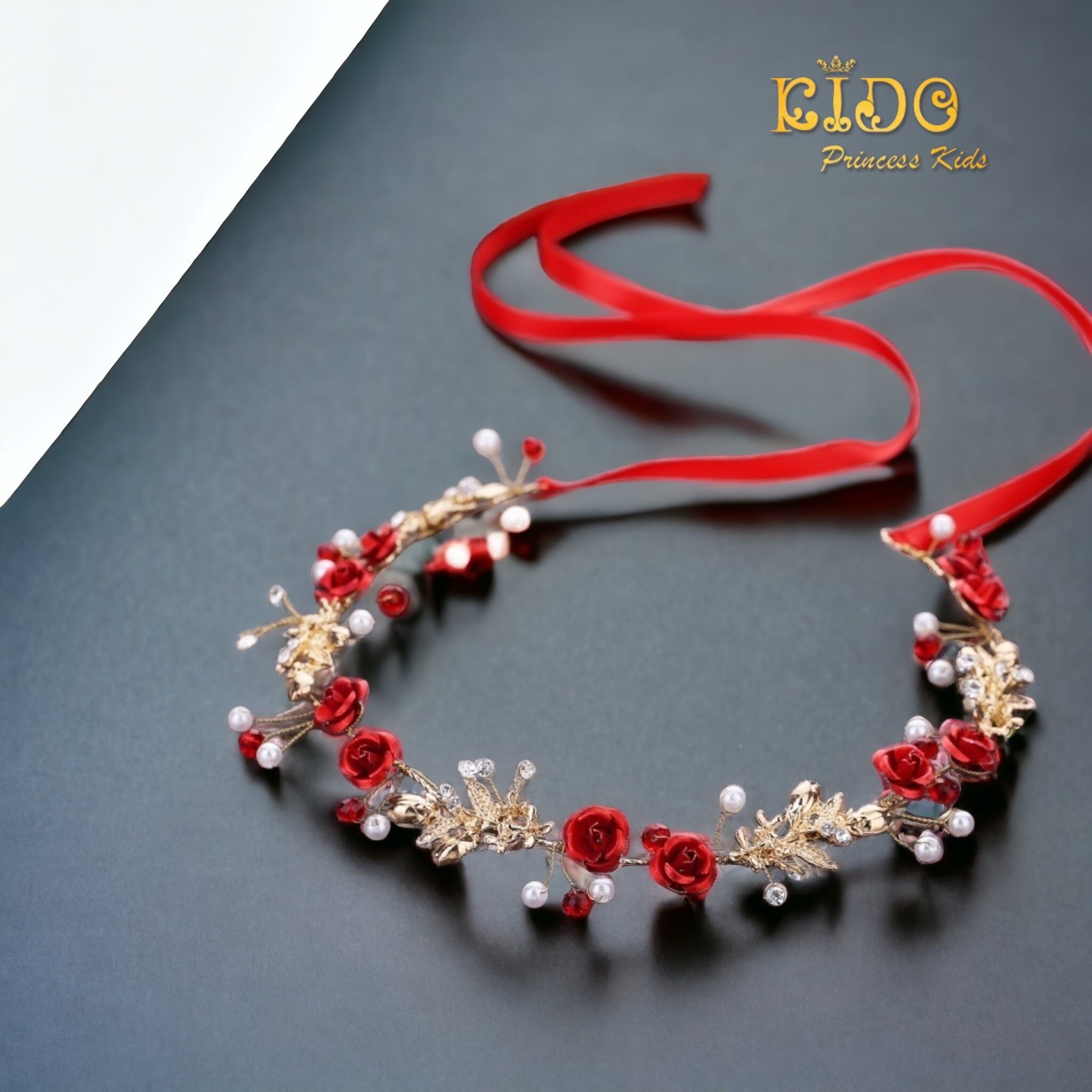 คาดผมเด็ก(หน้าร้านอยู่รัชดา)KF605 เส้นคาดผมดอกไม้สีแดง ตกแต่งด้วยดอกไม้