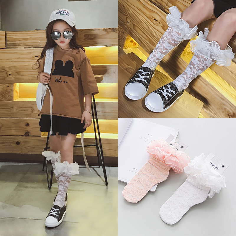 ถุงเท้าเด็ก(มีหน้าร้านอยู่รัชดา)MC376 ถุงเท้ายาวสีชมพู ลูกไม้ทั้งตัว