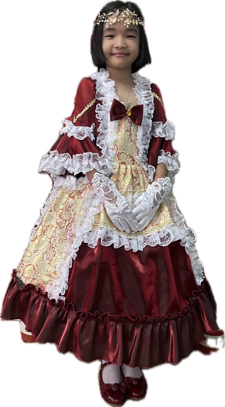 ชุดเดินแบบเด็ก(หน้าร้านอยู่รัชดา ลองได้ถ่ายรูปจากชุดจริง)W18432สีแดง ยุควิคตอเรีย กระโปรงยาว