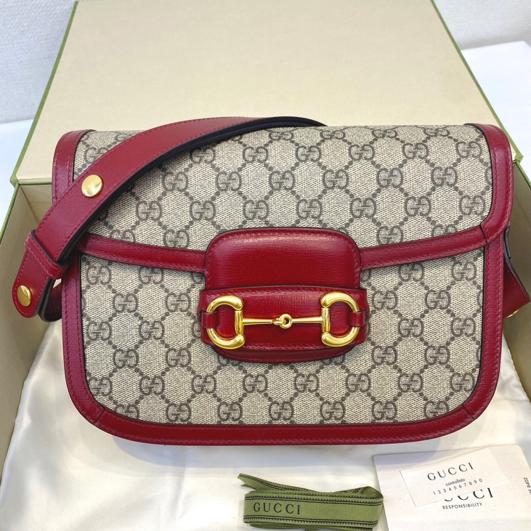 Gucci Horsebit 1995 มือสอง Shoulder Bag 'Beige/New Cherry Red แดง