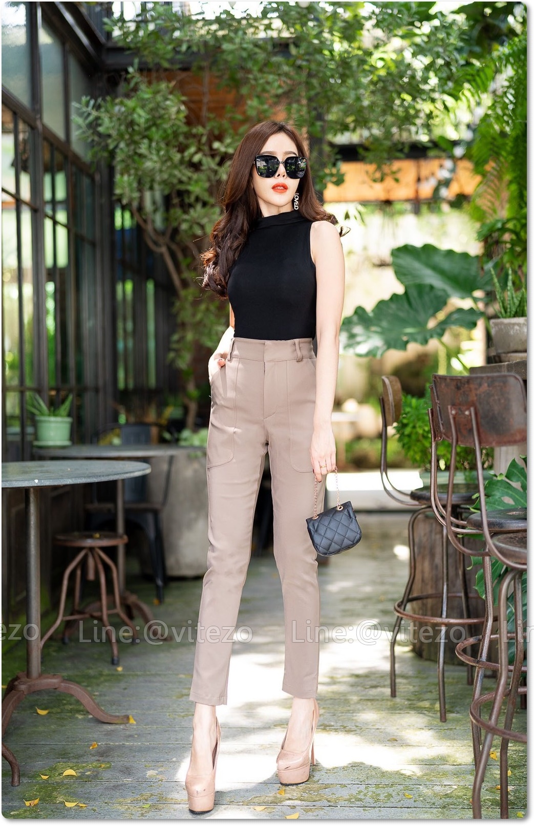 กางเกงขายาวผู้หญิงเอวสูง 9 ส่วน ซิปหน้า กระเป๋าใหญ่ ขอบหนา 3 นิ้ว ผ้าดับเบิ้ลซาติน ยืด หนา นิ่ม สวย น่ารัก