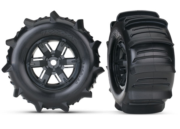7773 Tires & wheels, assembled, glued (X-Maxx black wheels, paddle tires, foam inserts) (left & right) (2)