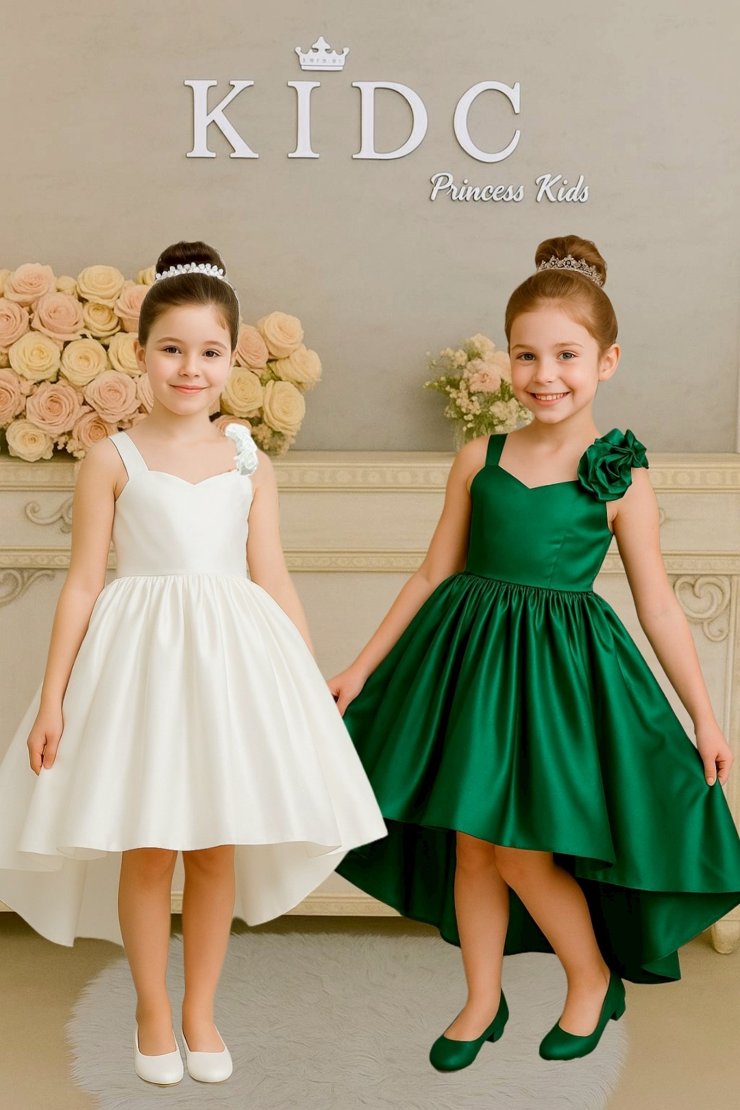 Sชุดราตรีเด็ก ชุดเจ้าหญิง (*หน้าร้านอยู่รัชดา*)W19205 สีเขียว ขาว กระโปรงหน้าสั้นหลังยาว สายเดี่ยว สวยน่ารักมาก