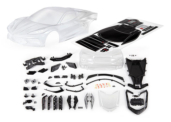 9311 (PRE-ORDER) Body, Chevrolet Corvette Stingray (clear, trimmed, requires painting)/ decal sheet (includes side mirrors, spoiler, grilles, vents, hardware, & clipless mounting)