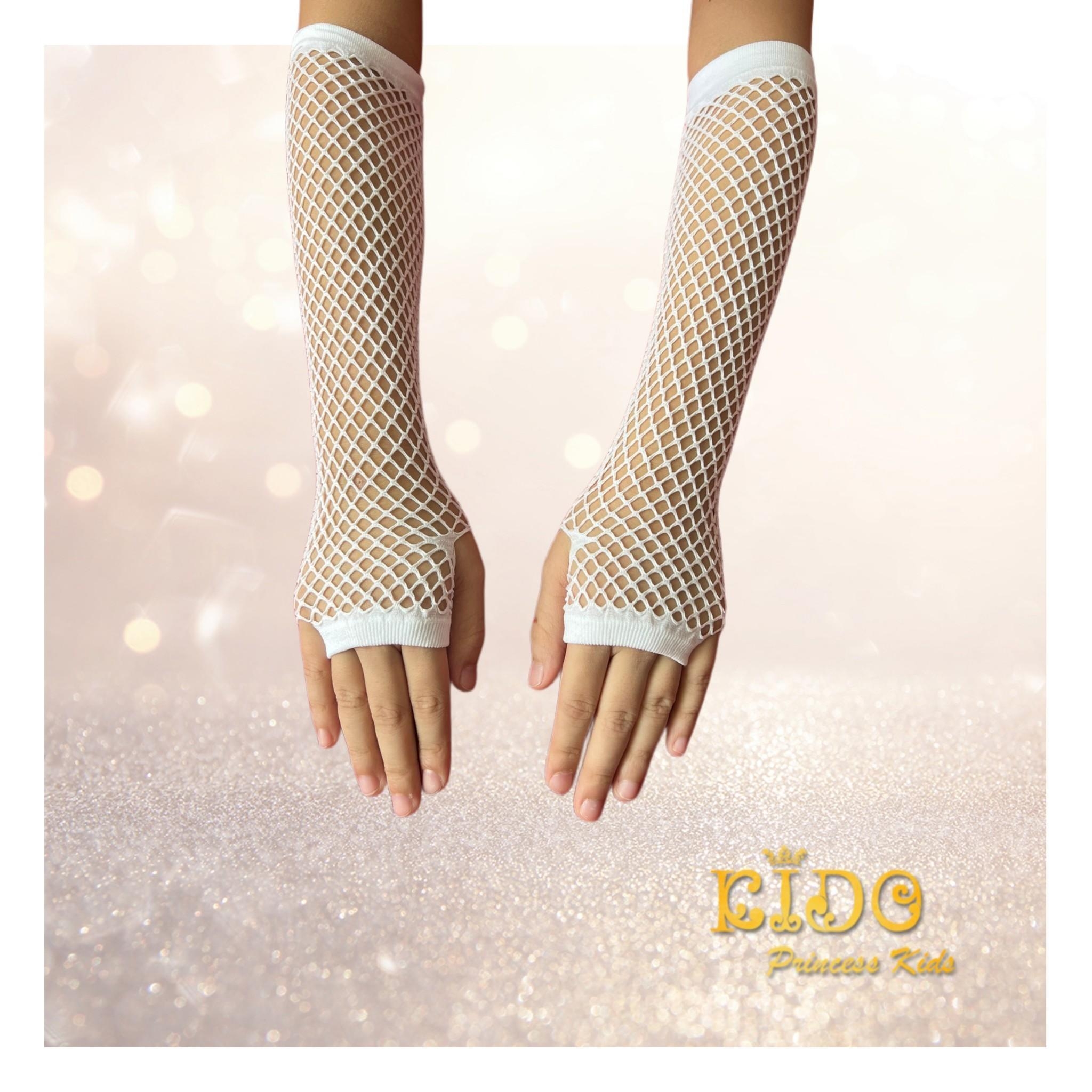 ถุงมือเด็ก(มีหน้าร้านอยู่รัชดา)PL17 สีขาว ถุงมือตาข่ายยาวเปิดนิ้วเท่ๆ