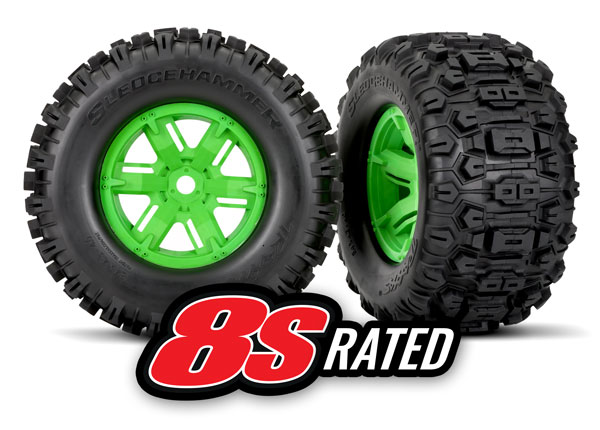 7774G Tires & wheels, assembled, glued (X-Maxx® green wheels, Sledgehammer® tires, foam inserts) (left & right) (2)