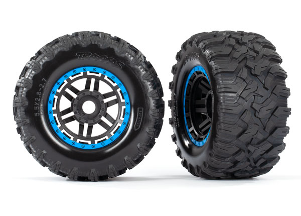 8972A Tires & wheels, assembled, glued (black, blue beadlock style wheels, Maxx® MT tires, foam inserts) (2) (17mm splined) (TSM® rated)